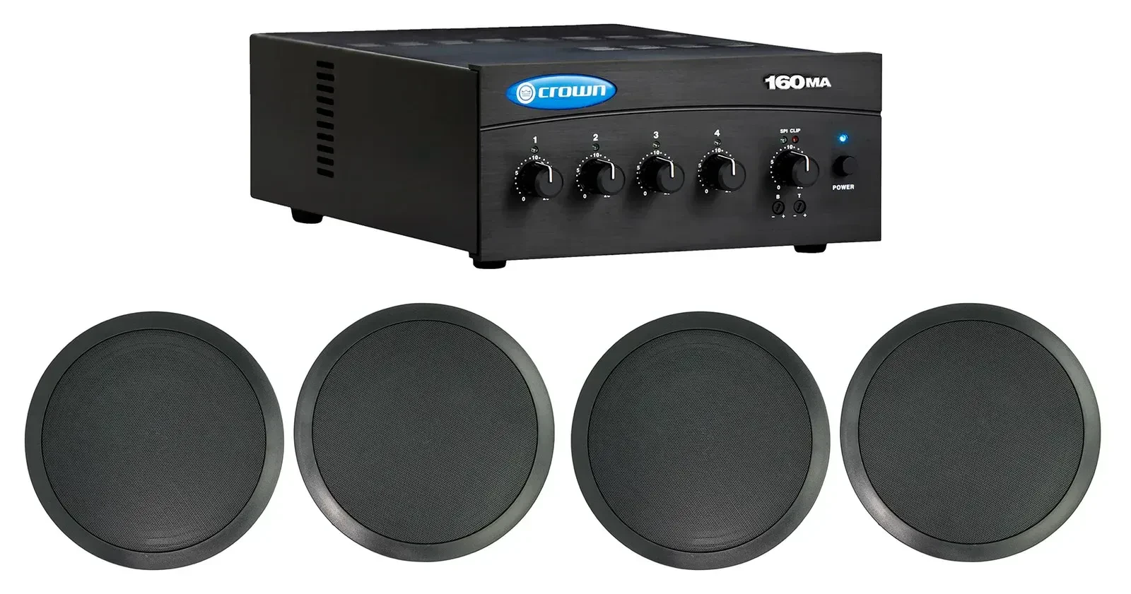 Crown 70v Amplifier+(4) Black 8" Commercial Ceiling Speakers 4 Restaurant/Office