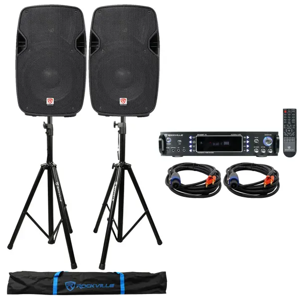 (2) Rockville SPGN104 10" 1600w DJ PA Speakers+Bluetooth Amplifier+Stands+Cables