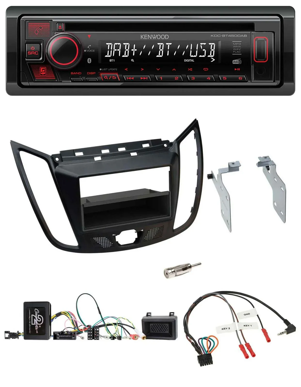Автомагнитола Kenwood CD USB Bluetooth DAB, для Ford C-Max/Kuga, матовый чёрный
