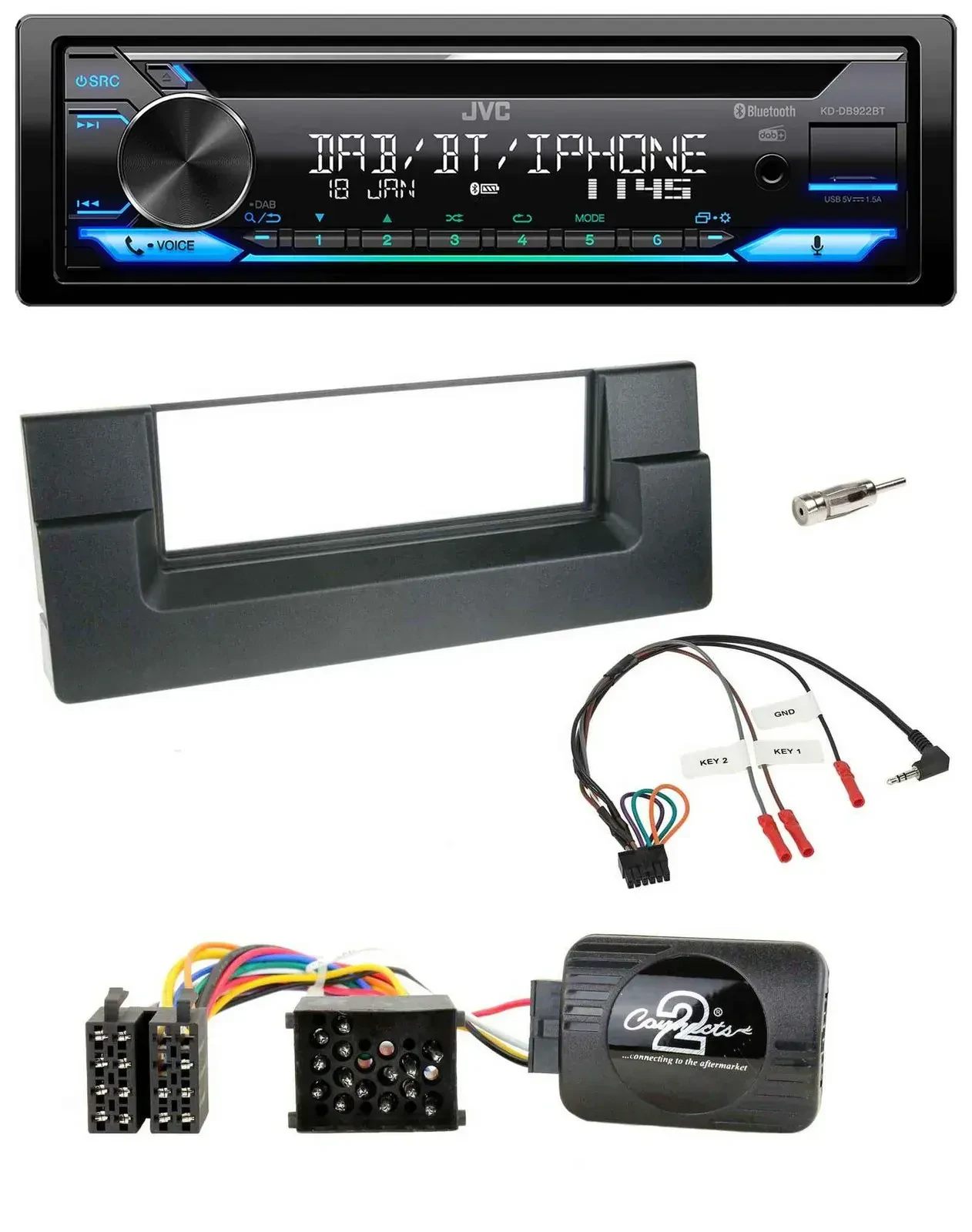 Автомагнитола JVC Bluetooth, USB, DAB, CD для BMW 5 Series E39 (1996–2004), поддержка управления на руле, для активной аудиосистемы