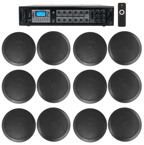 Rockville Commercial Receiver+12 6.5" 2Way Black Ceiling Speakers 4 Hotel/Office