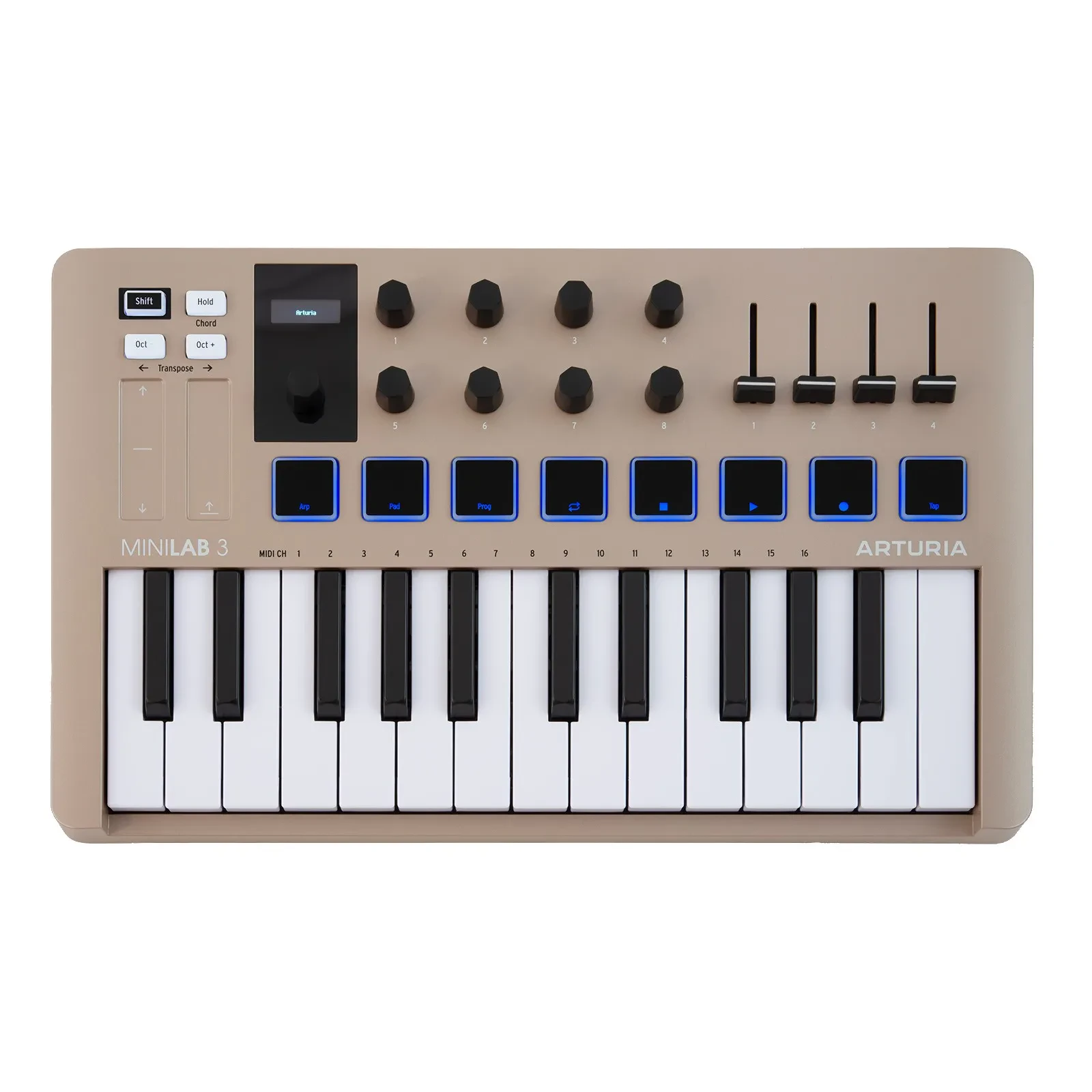 MIDI клавиатура  Arturia [MiniLAB 3 Champagne] 25 клавиш, 8 энкодеров, 8 RGB пэдов, 8 фейдеров, дисплей, сенсорные регуляторы Pitch/Modulation, MIDI-выход, 1/4" Jack вход педали, режим Chord, арпеджиатор, USB-C