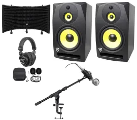 2) Rockville DPM10B 10" 800w Active Studio Monitors+Headphones+Mic+Shield+Stand