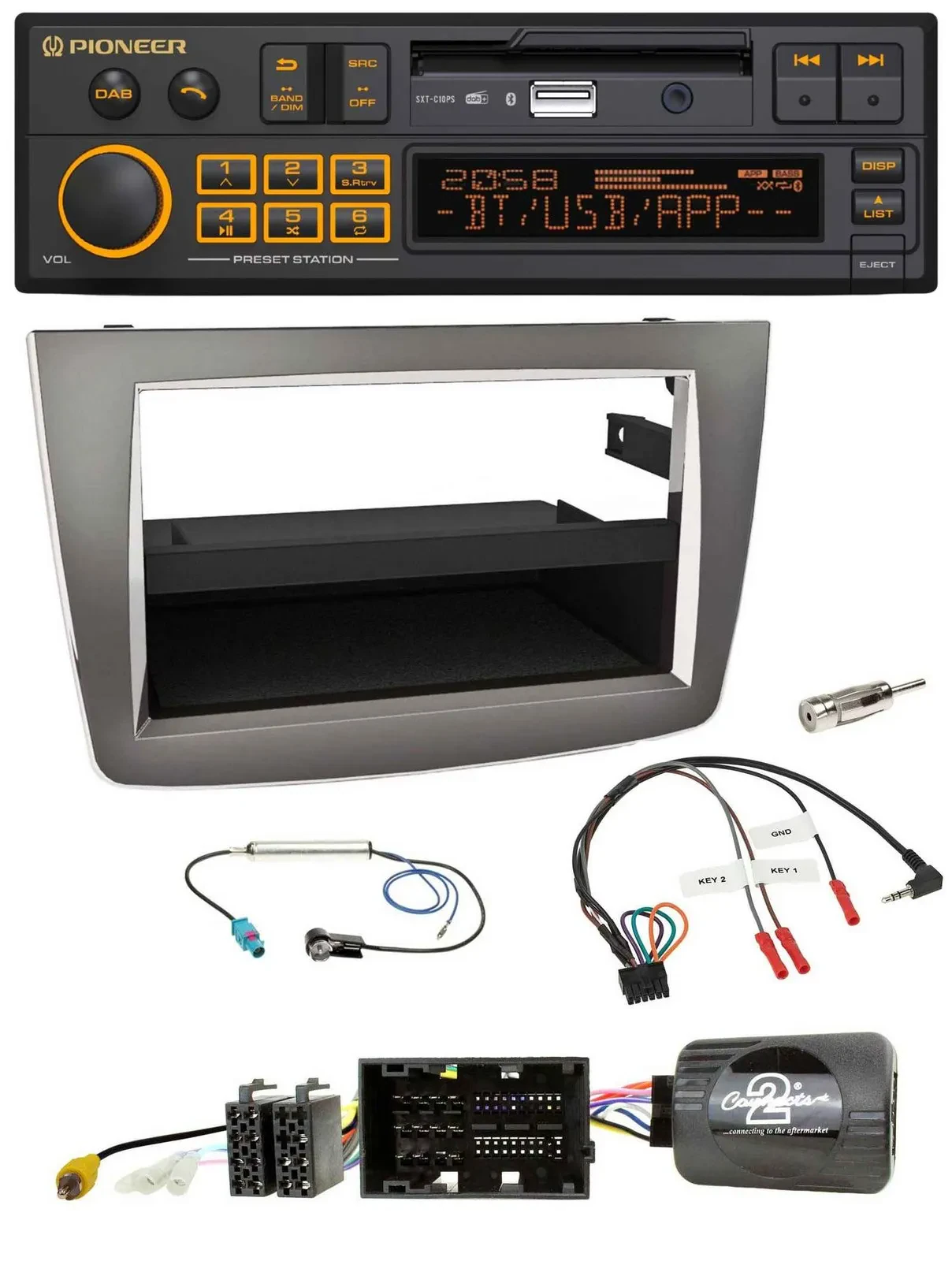 Автомагнитола для Alfa Romeo Mito (2014–2018, тип 955) Pioneer DAB, USB, Bluetooth, поддержка кнопок на руле, серебристая