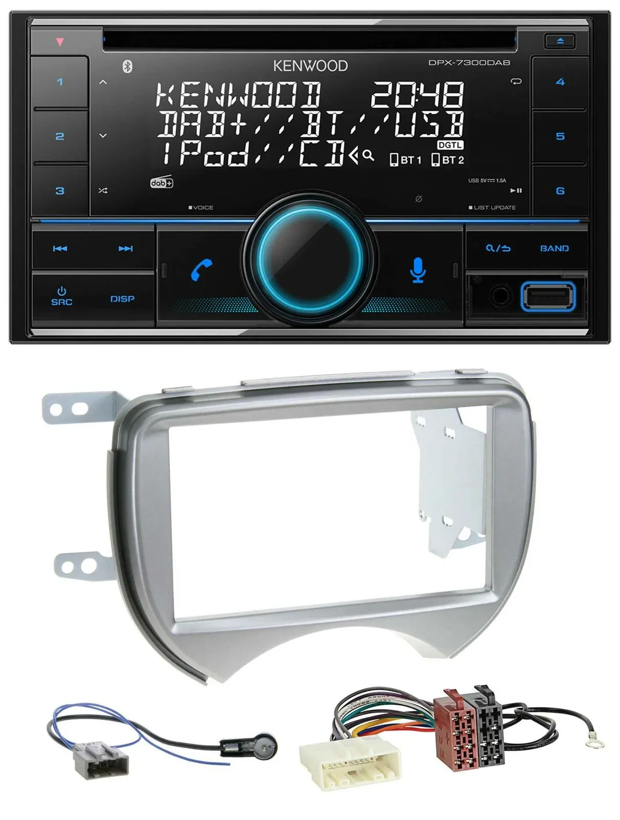 Автомагнитола для Nissan Micra 2010–2013 Kenwood 2-DIN CD DAB USB MP3 Bluetooth серебристая
