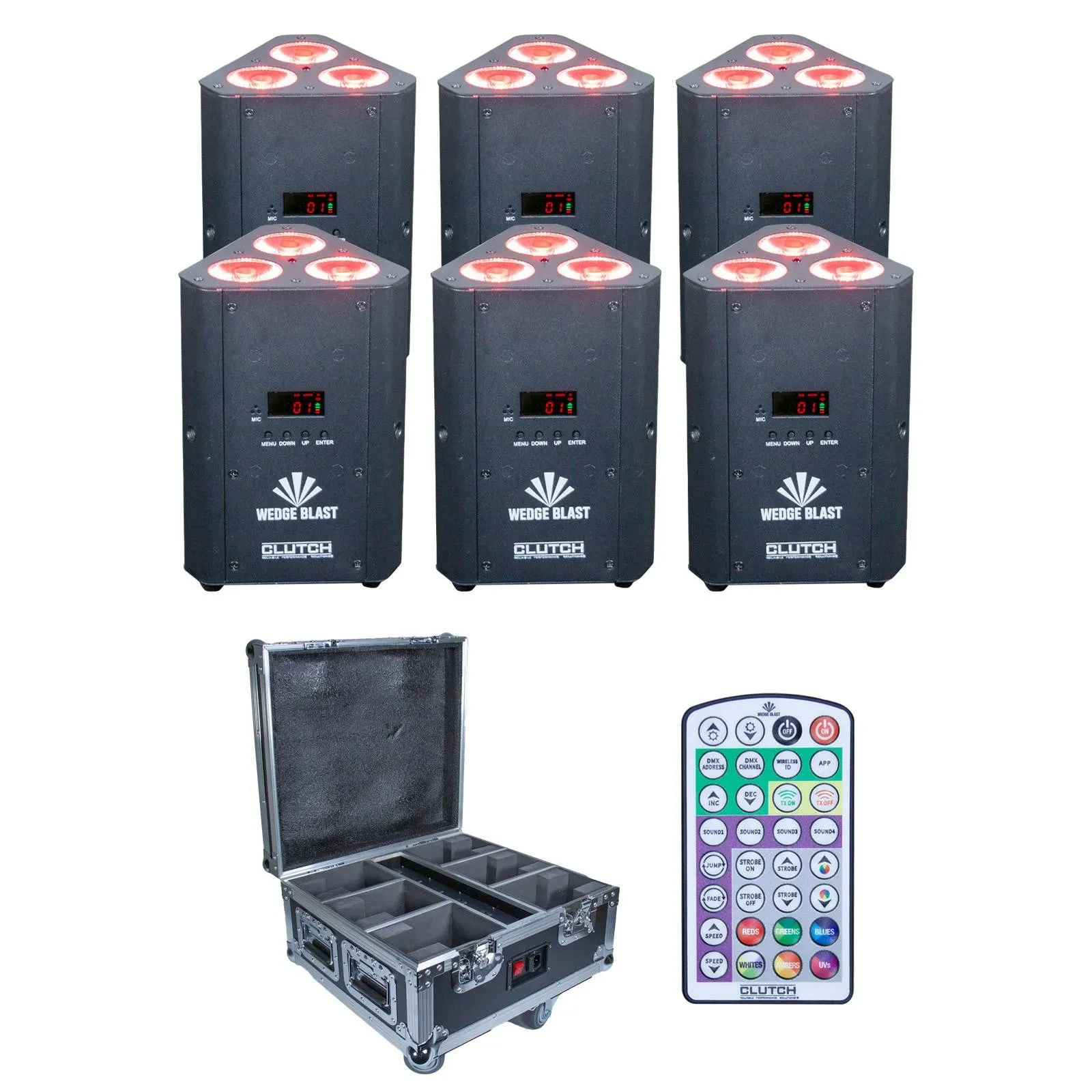 Прожектор для DJ Clutch WEDGEBLAST-BLK-6PK светодиодный, аккумуляторный, DMX, IR, треугольный, черный, (набор, 6 шт.) с кейсом