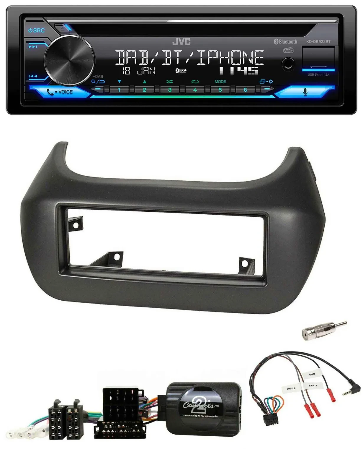 Автомагнитола JVC Bluetooth, USB, DAB, CD, поддержка управления на руле, совместимая с Fiat Fiorino, Citroën Nemo, Peugeot