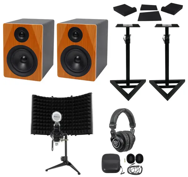 2 Rockville DPM5C 5.25" 300 Watt Studio Monitors+Stands+Headphones+Mic+Shield