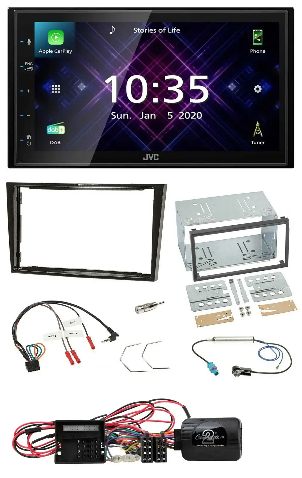 Автомагнитола JVC 2DIN, DAB, Bluetooth, USB, для Opel Corsa D (2009–2014), черный глянец