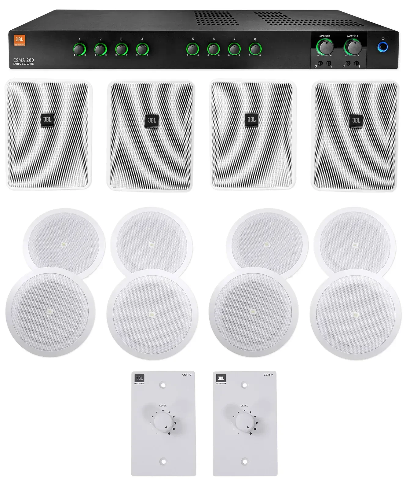 JBL Commercial Amplifier+4) 6.5" White Wall+8) 8" Ceiing Speakers+Wall Controls