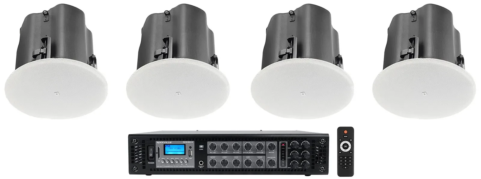 Потолочная акустика для инсталляций JBL Control 416C/T 6.5", 70V (набор, 4 шт.) + усилитель