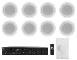 Rockville Commercial Restaurant Amp+(8) 5" White Ceiling Speakers+Wall Control