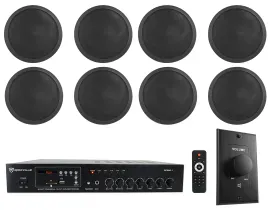 Rockville Commercial Restaurant Amp+(8) 6" Black Ceiling Speakers+Wall Control