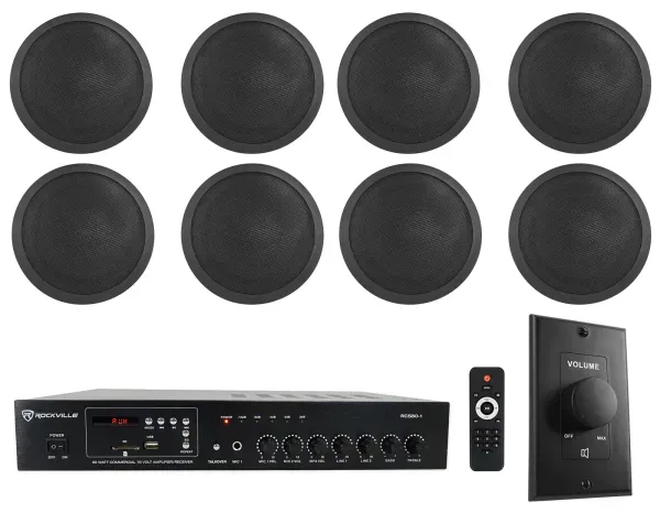 Rockville Commercial Restaurant Amp+(8) 6" Black Ceiling Speakers+Wall Control