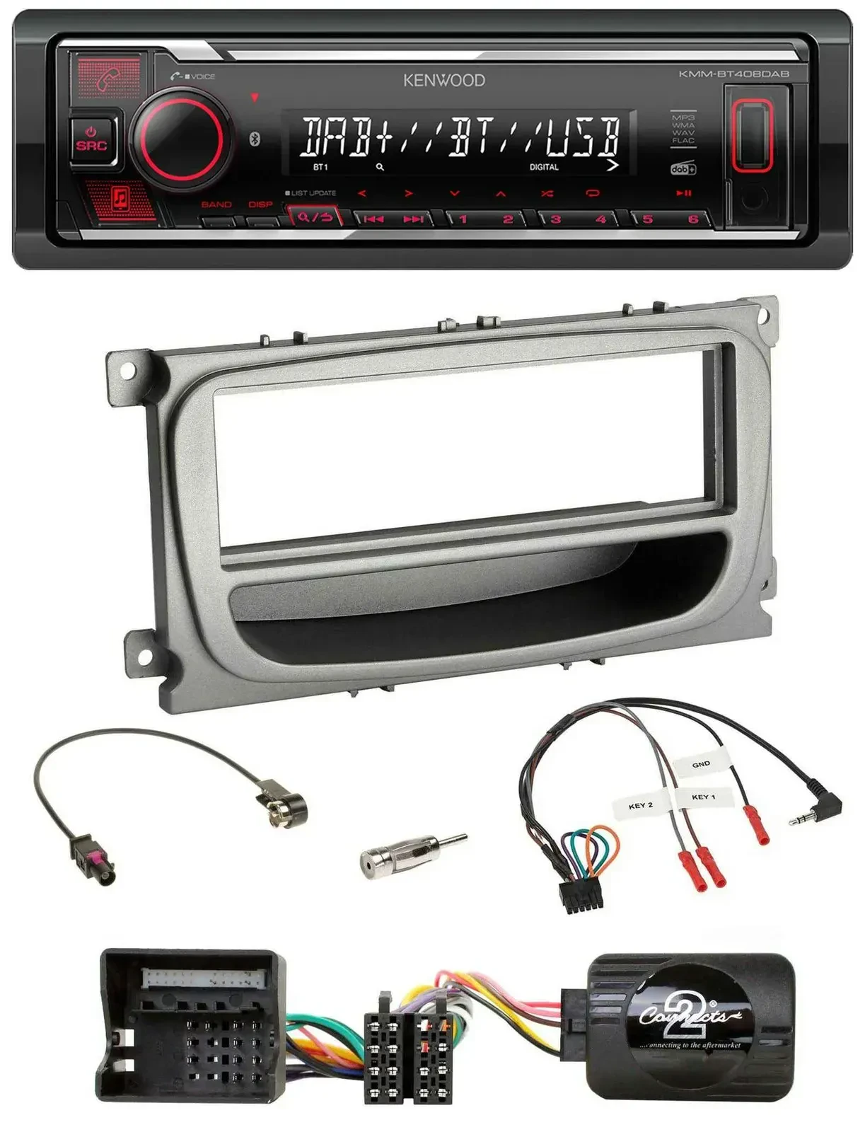 Автомагнитола Kenwood Bluetooth USB DAB для Ford Mondeo/S-Max (с 2007), серебристая