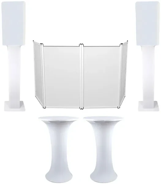2) Club Scene Highboy Tables+White 12" Speaker Scrims+DJ Facade+2) Totem Stands