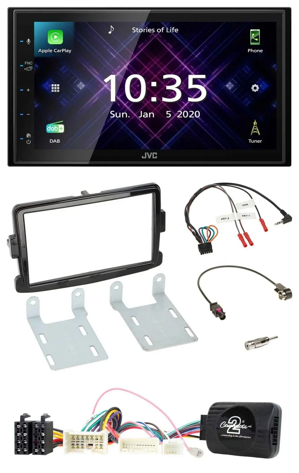 JVC DAB 2DIN Lenkrad Bluetooth USB Autoradio für Dacia Sandero ab 13 piano-schwa