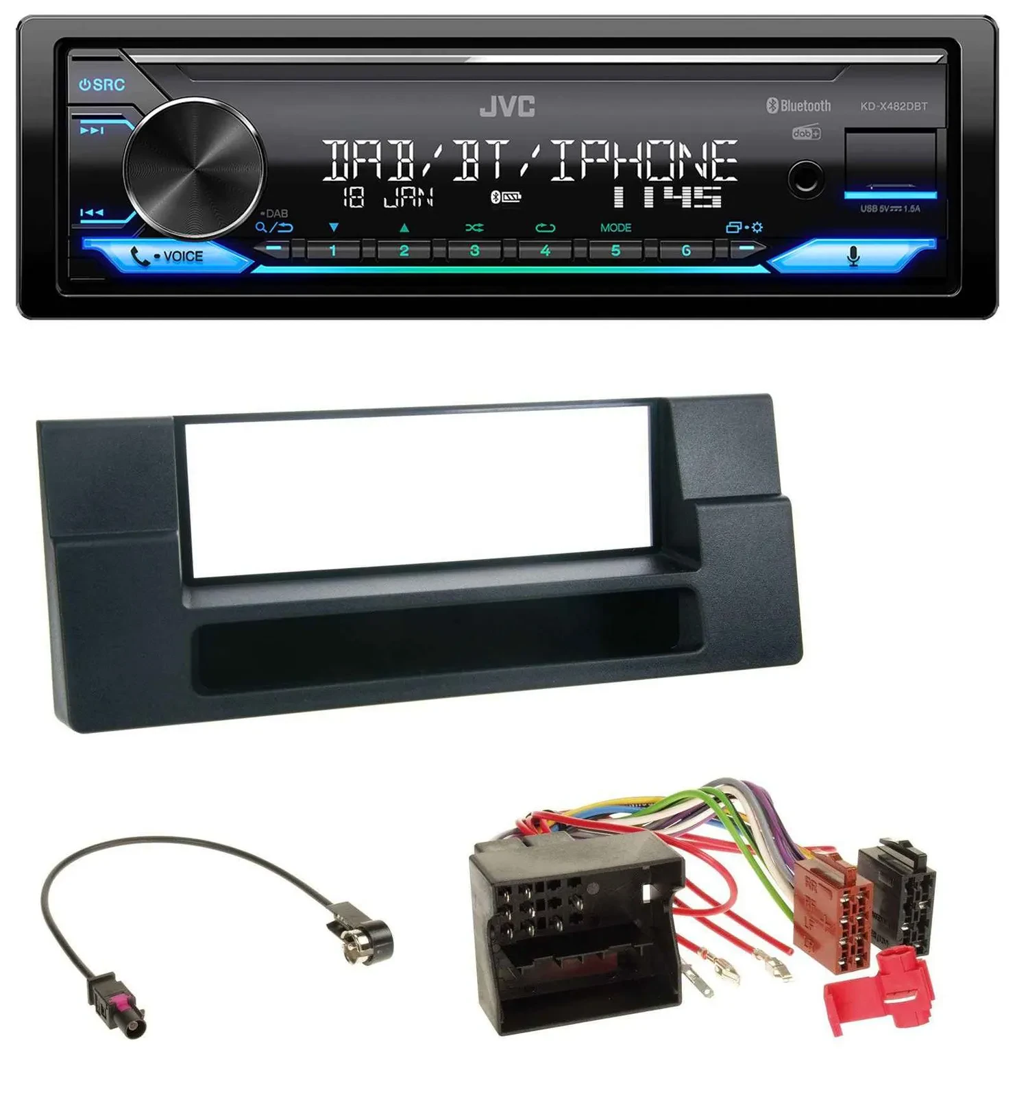 JVC Bluetooth DAB USB MP3 Autoradio für BMW X5 E53 5er E39 Quadlock Ablagefach