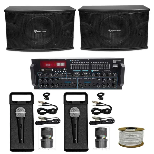 2) Rockville 10" 3-Way 1200w Karaoke Speakers+Bluetooth Pro Amplifier Mixer+Mics