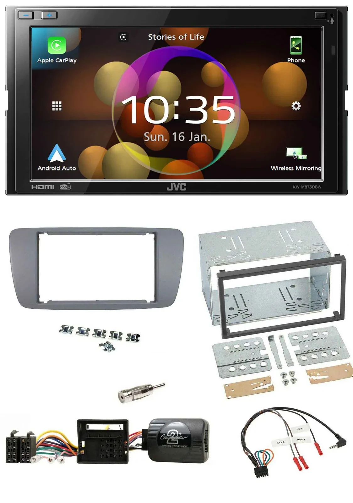 JVC DAB Lenkrad 2DIN Bluetooth USB Autoradio für Seat Ibiza ab 08 conemaragrau