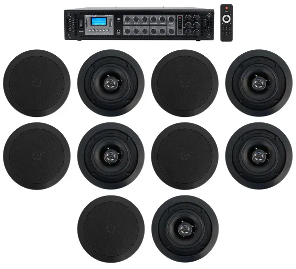 Rockville 6-Zone 70v Amplifier+(10) 5.25" Black 2Way Restaurant Ceiling Speakers