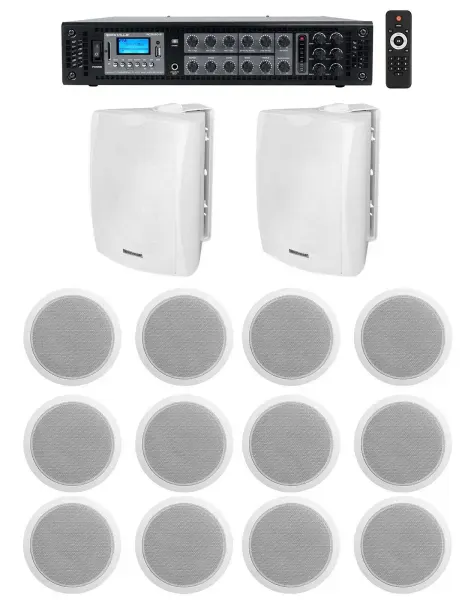 (2) 6.5" White Wall+(12) 6" Ceiling Speakers+Commercial Amp 4 Restaurant/Office