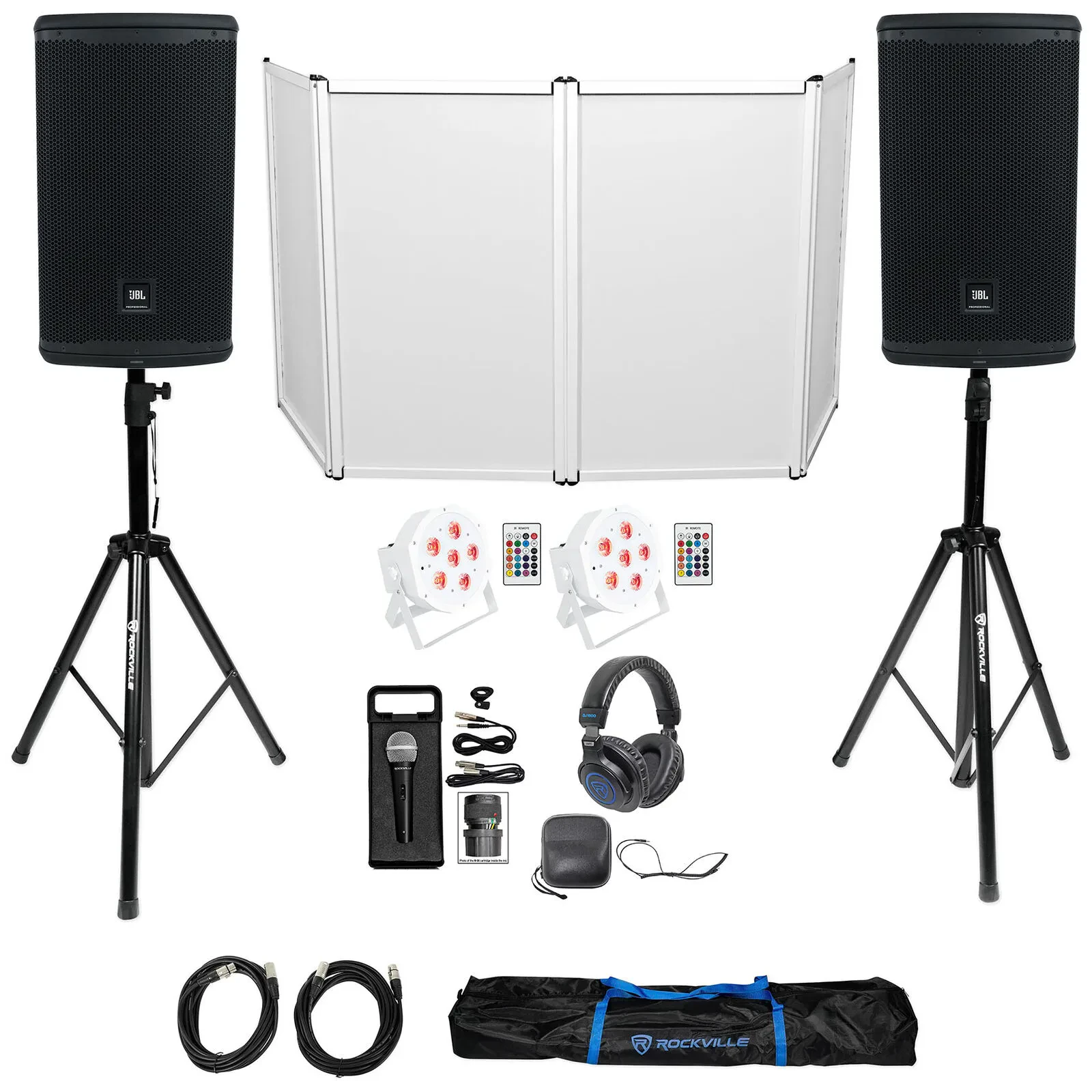 DJ Package w/ (2) JBL EON710 10" Speakers+Stands+Facade+Lights+Mic+Headphones
