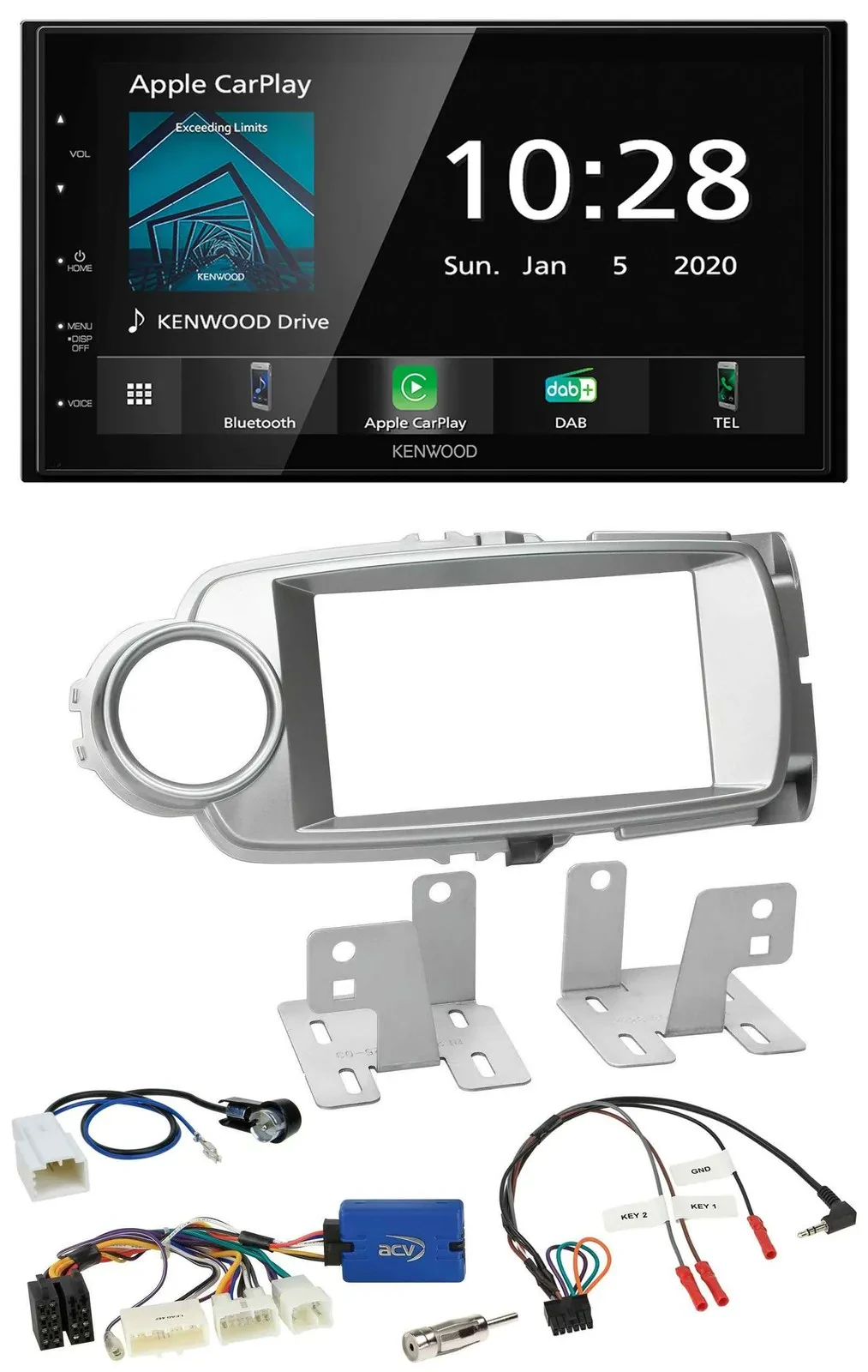 Автомагнитола Kenwood 2 DIN, Bluetooth, DAB, USB для Toyota Yaris 2011–2014 серебристая