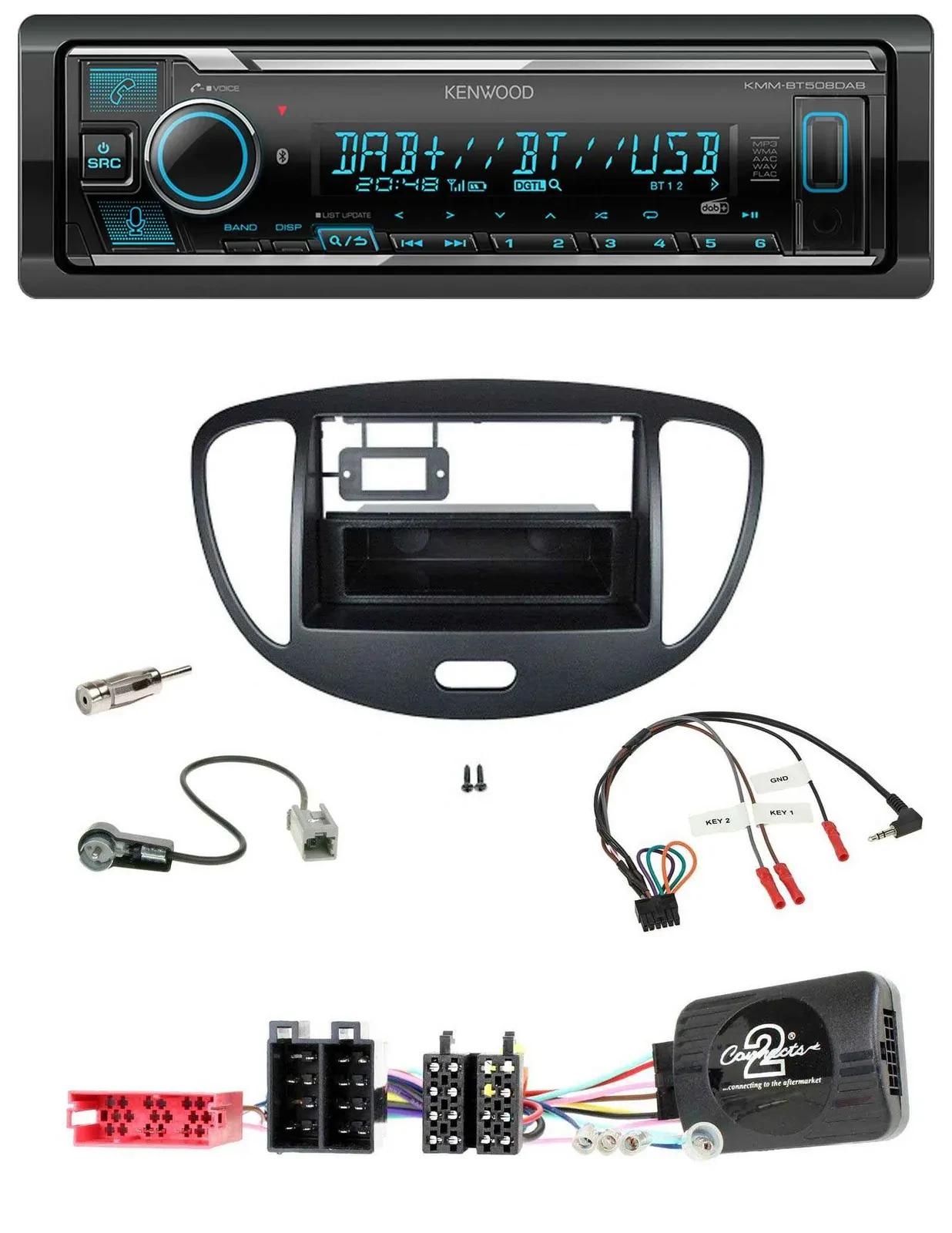 Автомагнитола Kenwood Bluetooth DAB USB для Hyundai i10 (2009–2013) черная с поддержкой кнопок на руле