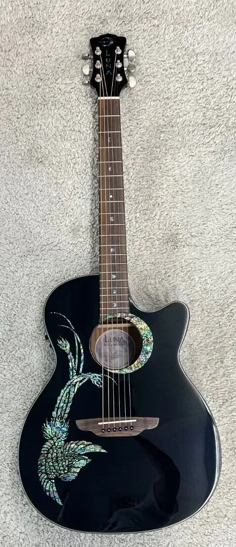 Luna Guitars Fauna Phoenix Folk Style Cutaway Acoustic Electric Guitar, Black