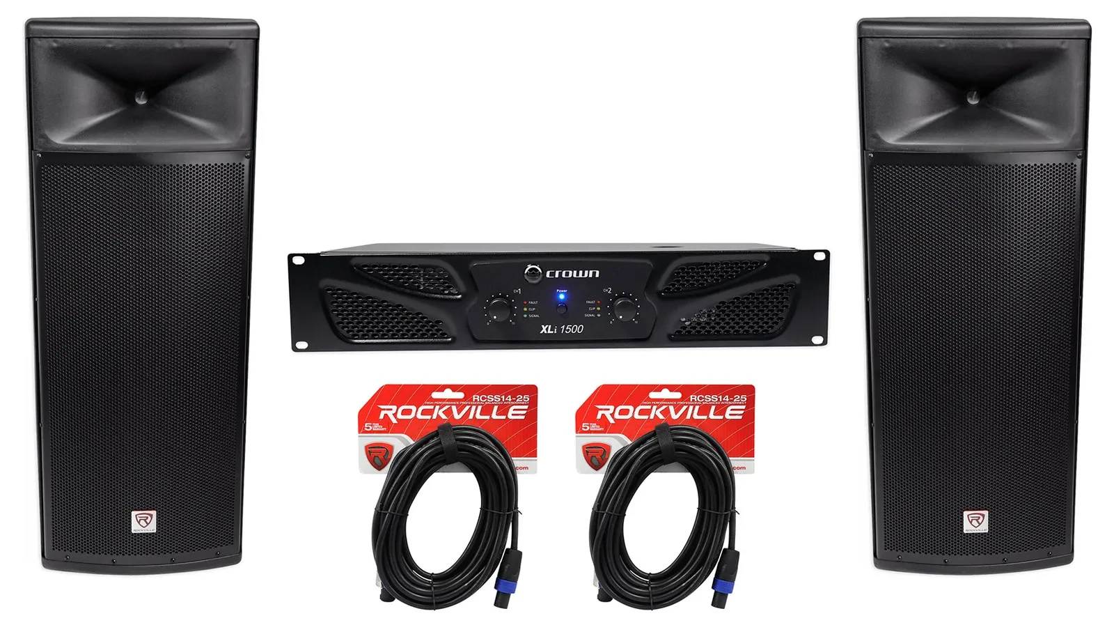 Crown Pro XLi1500 900w 2 Channel DJ/PA Power Amplifier+Dual 15” Speakers+Cables