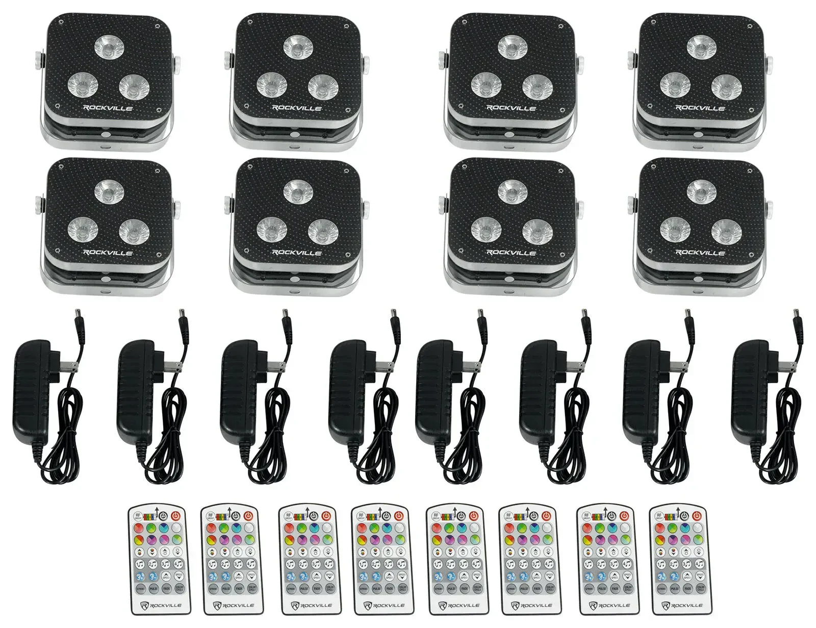 Светодиодный прибор Rockville MINI RF3 Black с кейсом (8 штук)