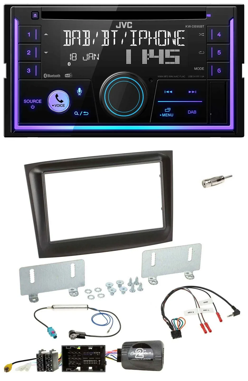 Автомагнитола JVC 2-DIN, DAB, Bluetooth, CD, USB, для Fiat Doblo (с 2015), черная, поддержка управления на руле