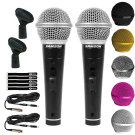 Vocal Karaoke Dynamic Microphones w 5 Colored Replacement Mic Grilles & Cables