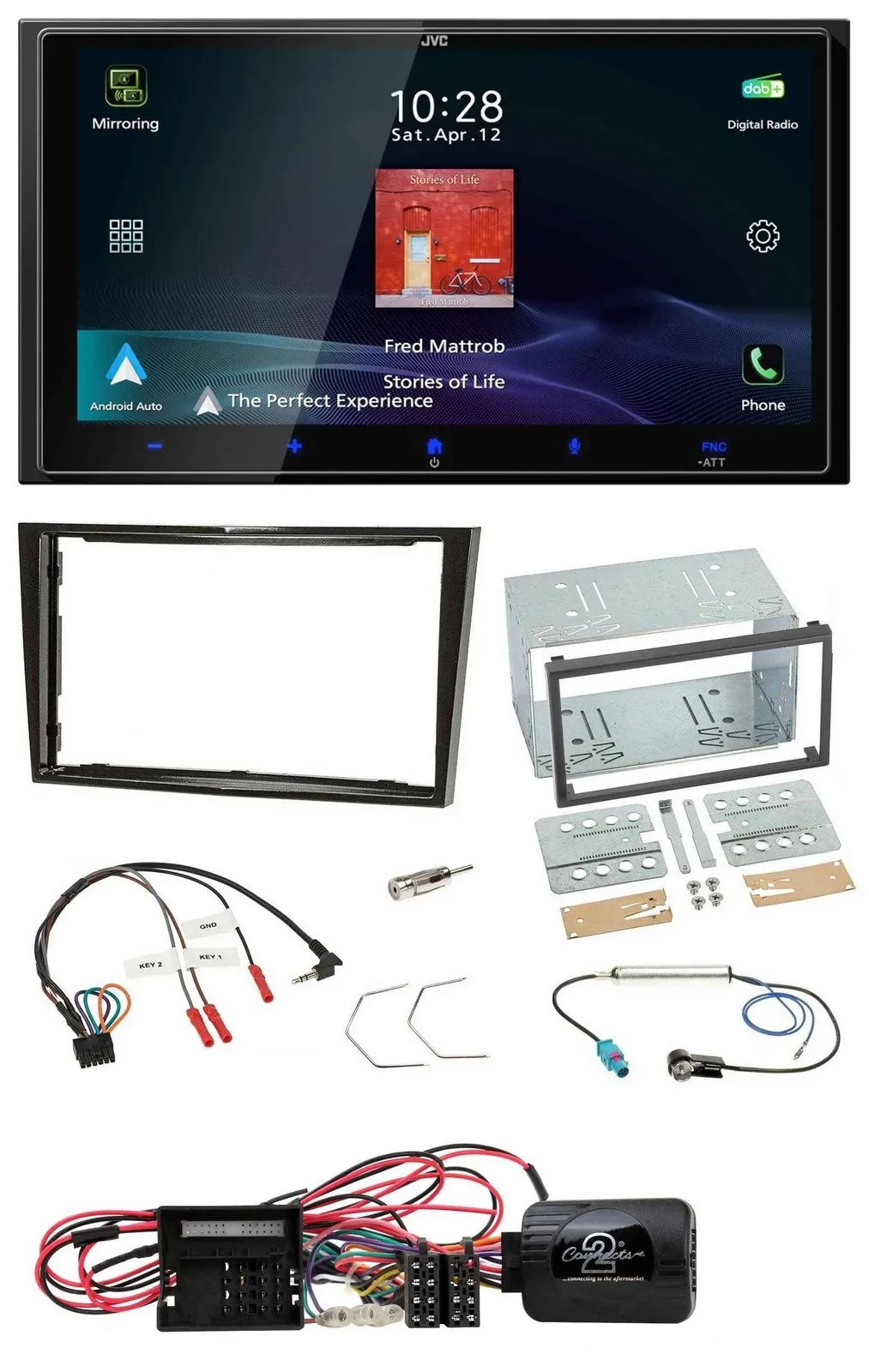 Автомагнитола JVC 2DIN, DAB, Bluetooth, USB, для Opel Corsa D, чёрный (piano black) 2009–2014