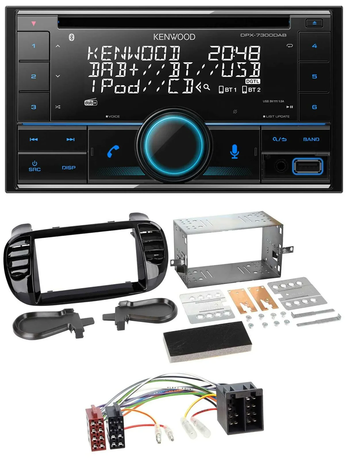 Автомагнитола Kenwood 2-DIN CD DAB USB MP3 Bluetooth для Fiat 500 (до 2012), глянцевая