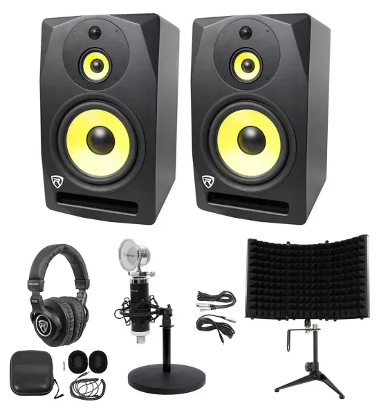 (2) Rockville DPM10B 10" 800w Active Studio Monitors+Headphones+Mic+Desk Stand