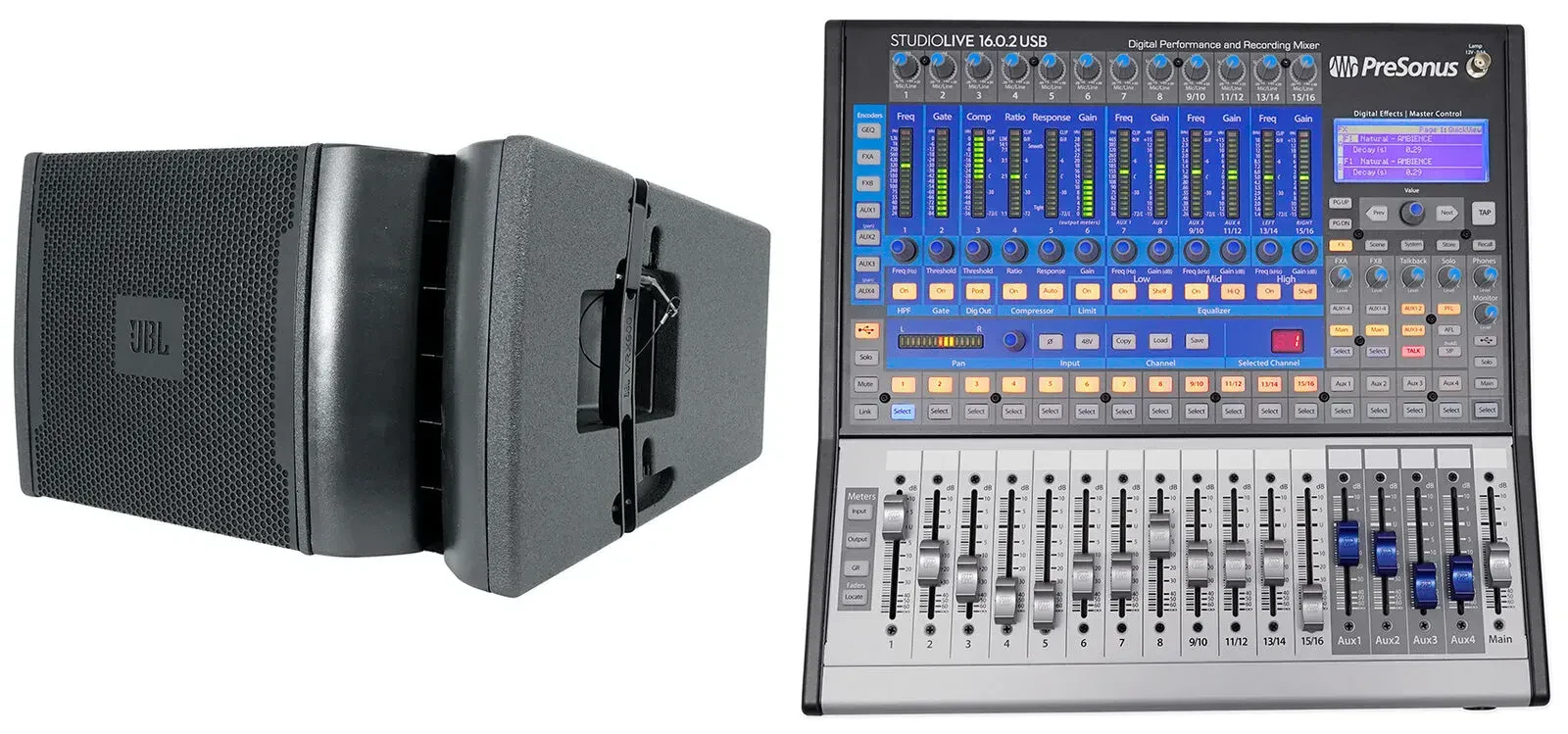 JBL VRX932LAP Powered 12" 1750w Line Array Speaker System w/DSP+Presonus Mixer