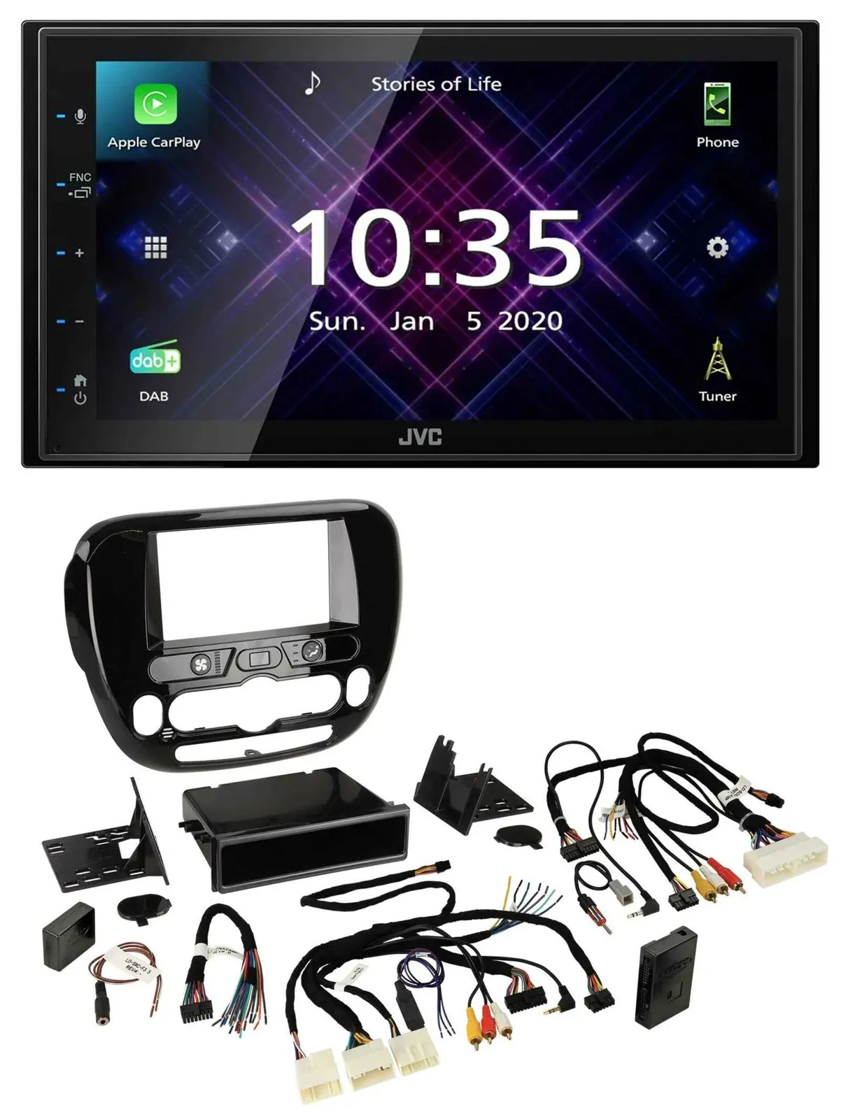 Автомагнитола для Kia Soul (с 2014) JVC 2DIN DAB, Bluetooth, USB, поддержка управления на руле, интеграция с климат-контролем