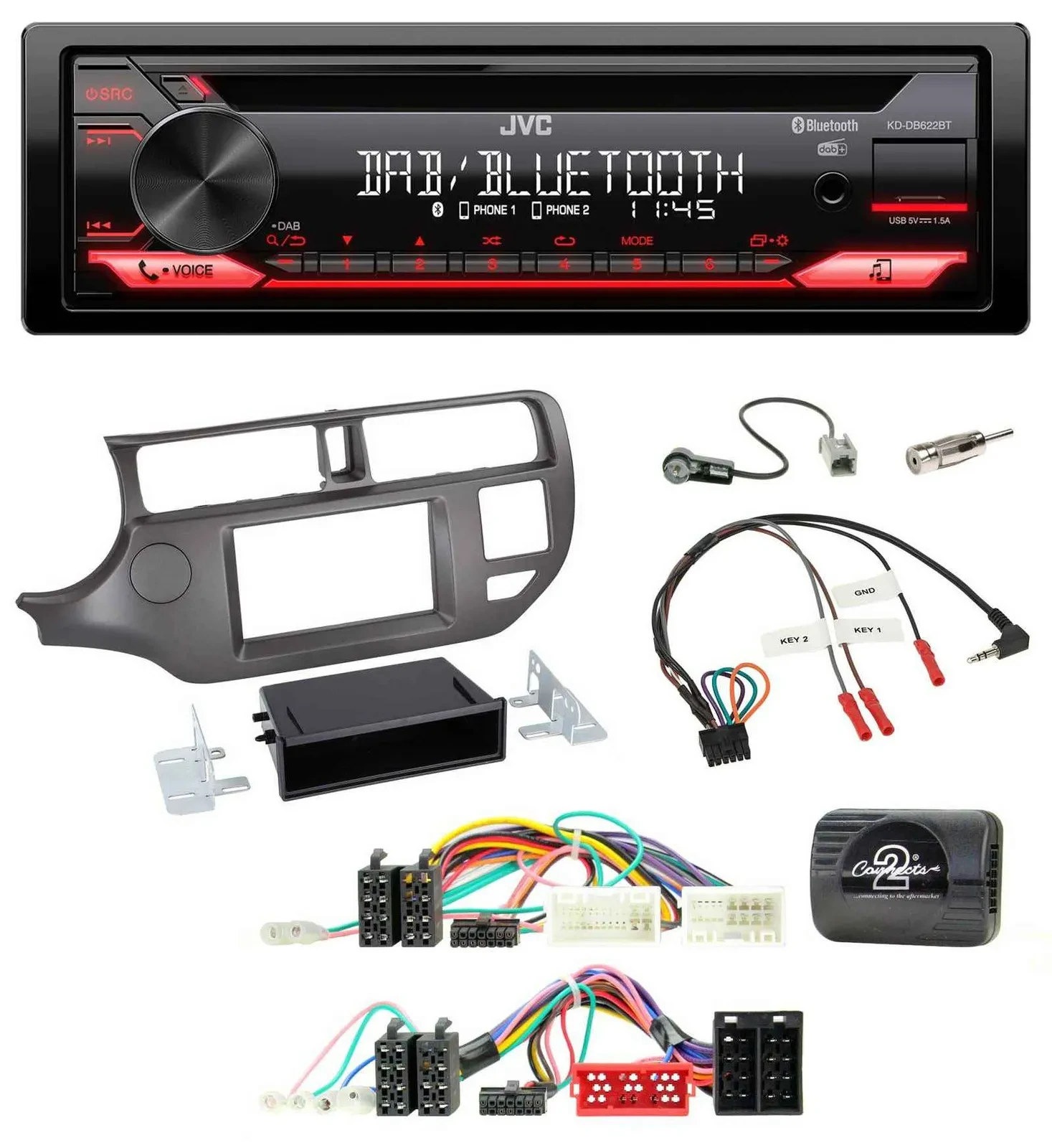 JVC CD DAB USB Bluetooth Lenkrad Autoradio für Kia Rio UB 2011-2015 anthrazit