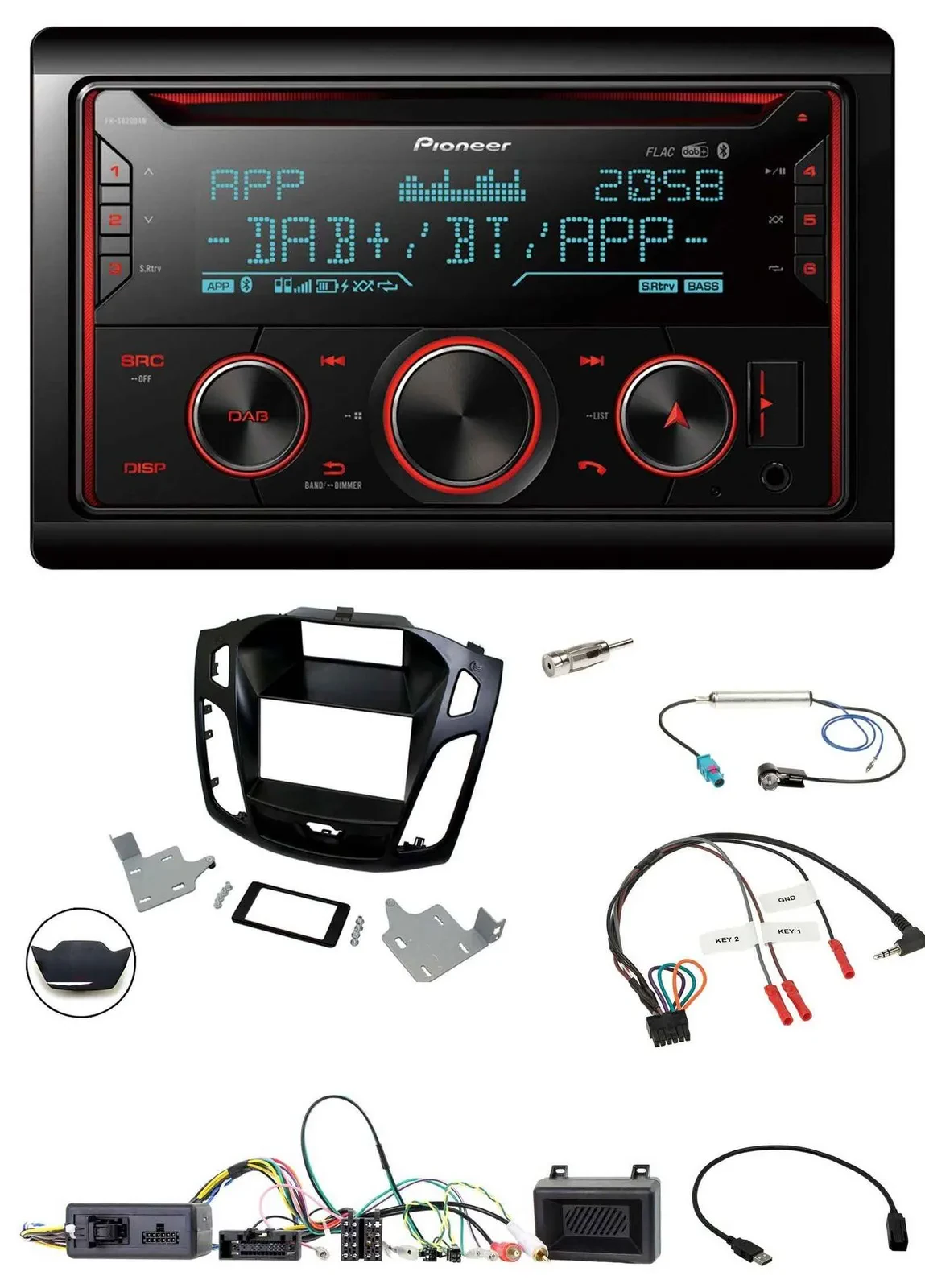 Автомагнитола для Ford Focus 2014-2018 Pioneer 2-DIN DAB Bluetooth USB CD с поддержкой кнопок на руле