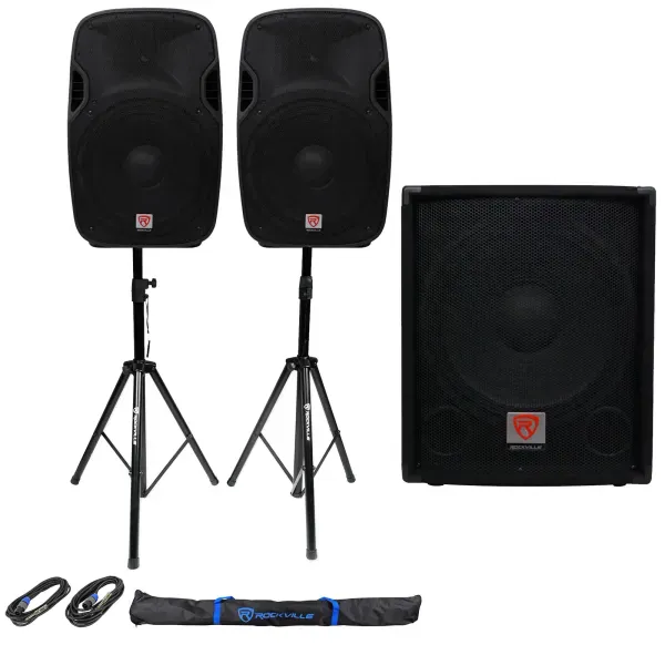 (2) Rockville SPGN158 15" Passive 1600W 8-Ohm DJ PA Speakers+Passive Sub+Stands