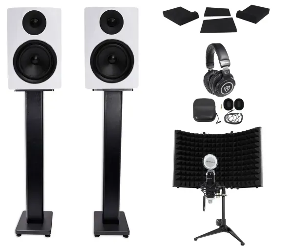 (2) APM6W 6.5" 350w Studio Monitors+36" Stands+Pads+Headphones+Mic+Shield