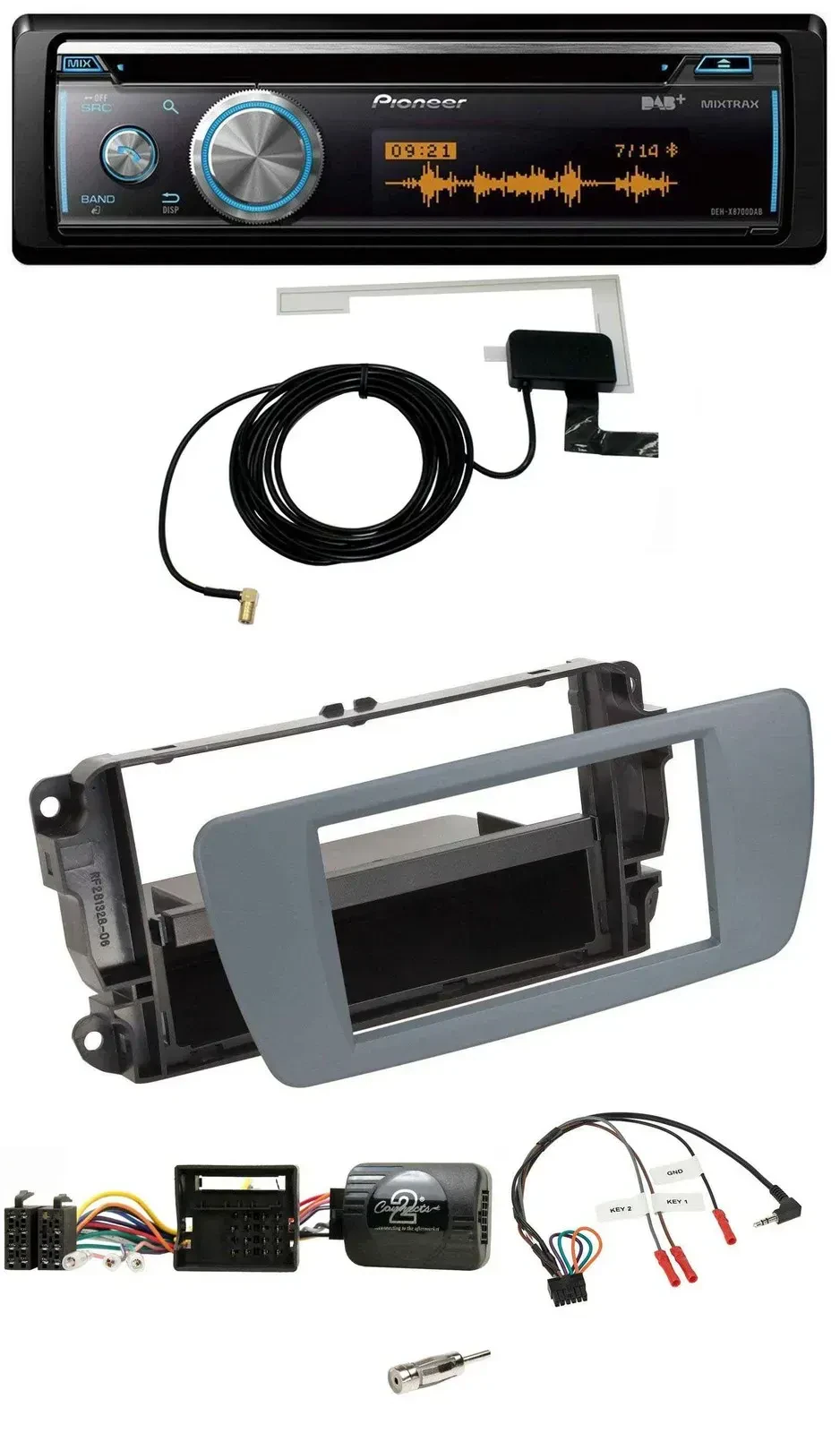 Автомагнитола для Seat Ibiza Pioneer Bluetooth DAB USB CD, серый, с поддержкой управления с руля