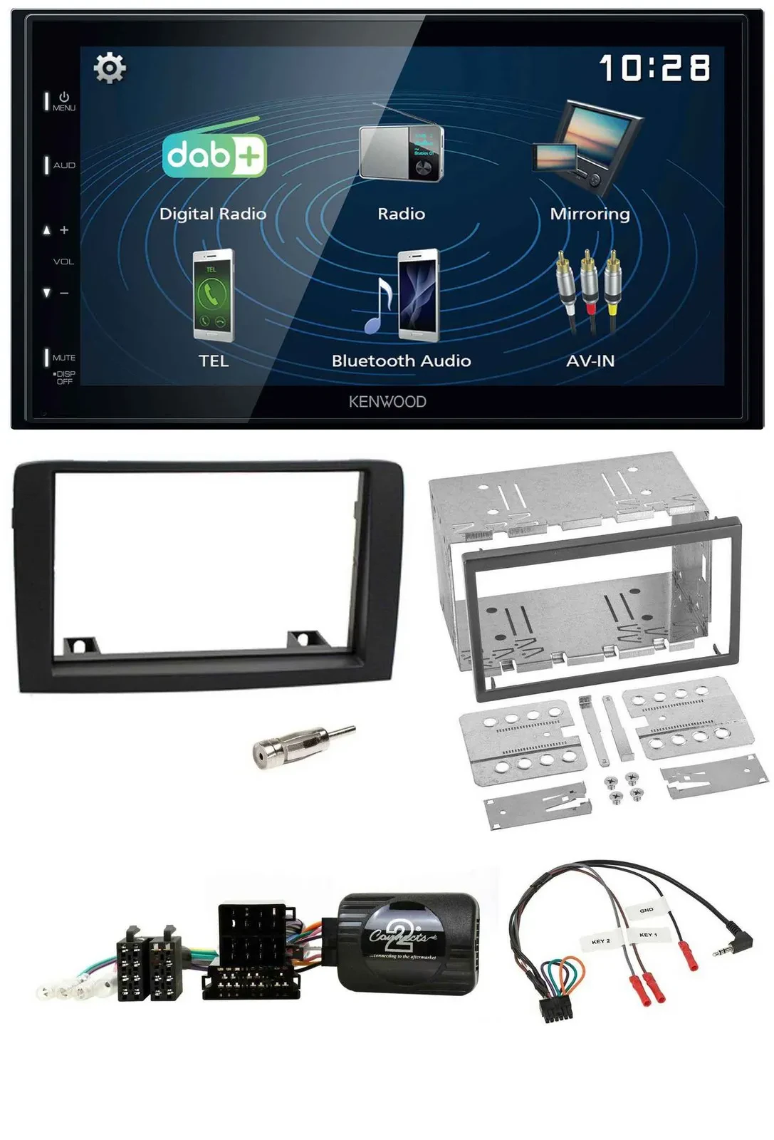 Автомагнитола Kenwood 2-DIN, Bluetooth, USB, DAB, для Fiat Idea 2006–2012, черный