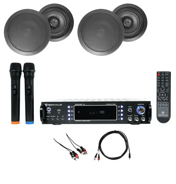 Rockville RPA70WBT Bluetooth Karaoke Amplifier+4) 8" Black Ceiling Speakers+Mics