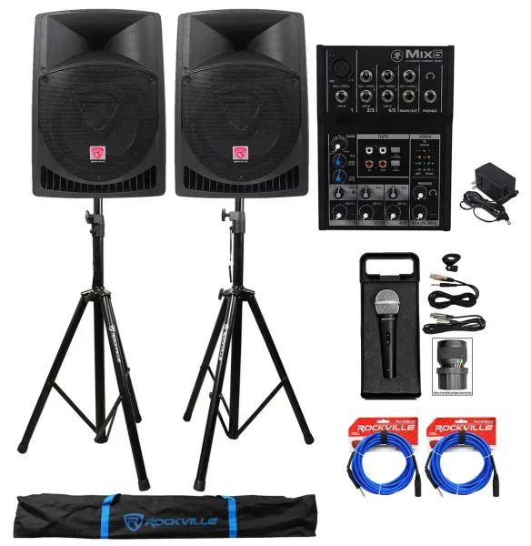 2) Rockville RPG12 12" Active 800w DJ PA Speakers+Mackie Mixer+Stands+Mic+Cables