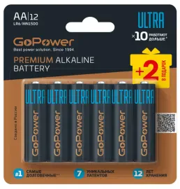 Элемент питания GoPower Ultra AA (LR6), щелочной, 1.5V (набор, 12 шт.)