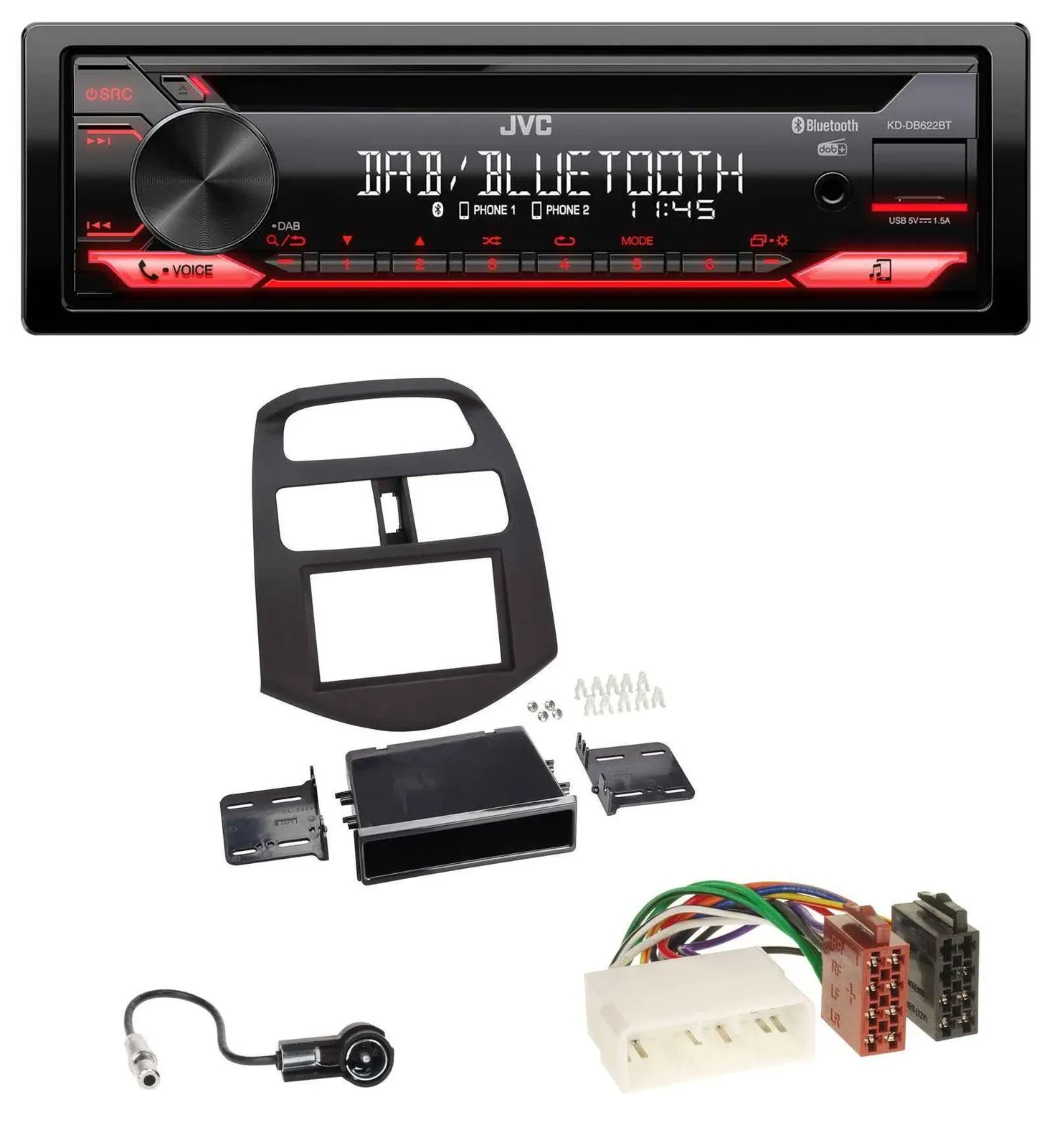 Автомагнитола JVC CD, DAB, USB, Bluetooth, MP3 для Chevrolet Spark (KLM 2012–2013)