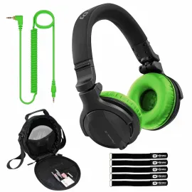 Pioneer DJ HDJ-CUE1BT Black Wireless Bluetooth Headphones, Green Ear Pads & Case